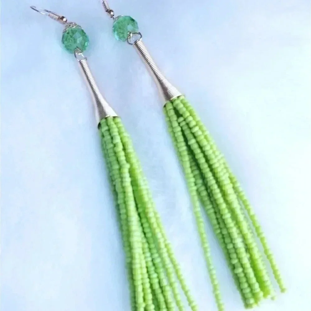 Green bead fringe earrings